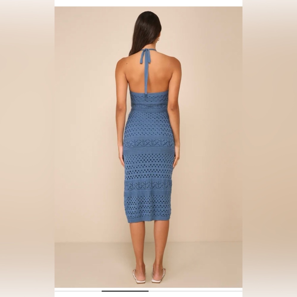 NEW! Lulus Blissful Strolls Slate Blue Crochet Faux-wrap Halter Midi Dress, M - Picture 2 of 4